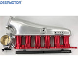 CNC 2JZGE Intake Manifold Fuel Rail 90mm Throttle Body 6 Injector SilverRed